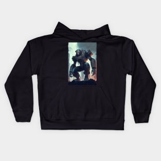 Giant futuristic robot cyborg Monkey attacking the city Kids Hoodie